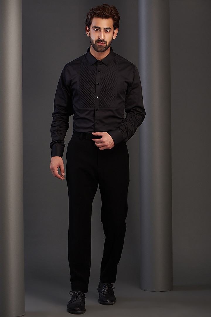 Black Imported Italian Fabric Embroidered Tuxedo Set by Kudrat Couture at Pernia's Pop Up Shop