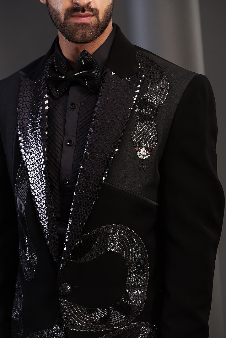 Black Imported Italian Fabric Embroidered Tuxedo Set by Kudrat Couture at Pernia's Pop Up Shop