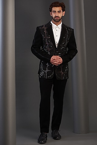 Black Imported Italian Fabric Embroidered Tuxedo Set by Kudrat Couture