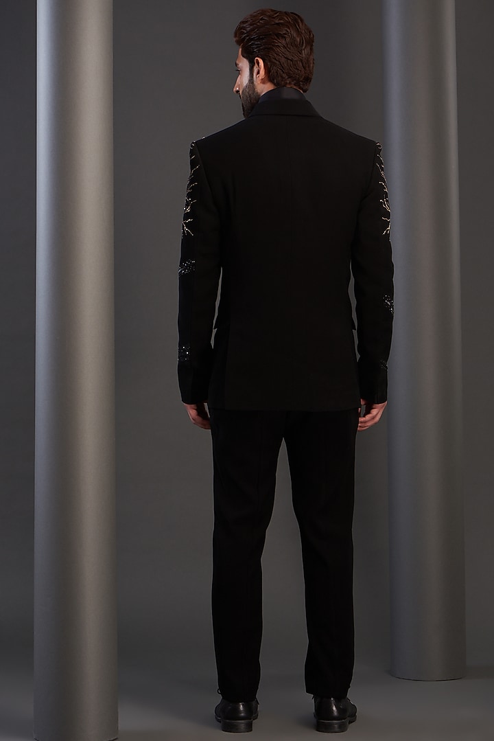 Black Imported Italian Fabric Embroidered Tuxedo Set by Kudrat Couture at Pernia's Pop Up Shop