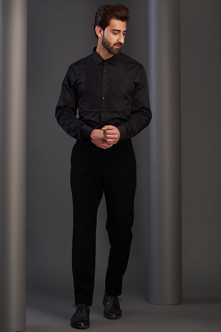 Black Imported Italian Fabric Embroidered Tuxedo Set by Kudrat Couture at Pernia's Pop Up Shop