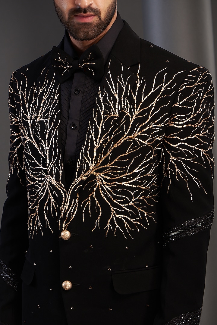 Black Imported Italian Fabric Embroidered Tuxedo Set by Kudrat Couture at Pernia's Pop Up Shop