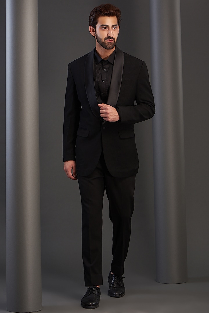 Black Imported Italian Fabric Tuxedo Set by Kudrat Couture