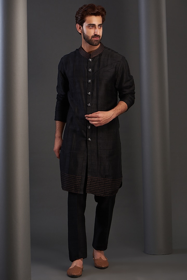 Black Pure Raw Silk Kurta Set by Kudrat Couture at Pernia's Pop Up Shop