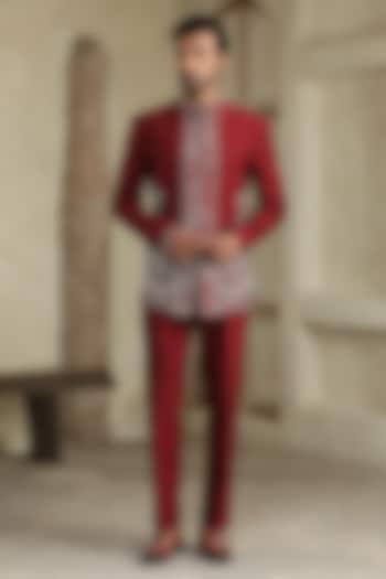 Maroon Silk Resham Embroidered Wedding Bandhgala Set by Kudrat Couture at Pernia's Pop Up Shop