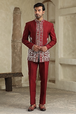 Maroon Silk Resham Embroidered Bandhgala Set by Kudrat Couture