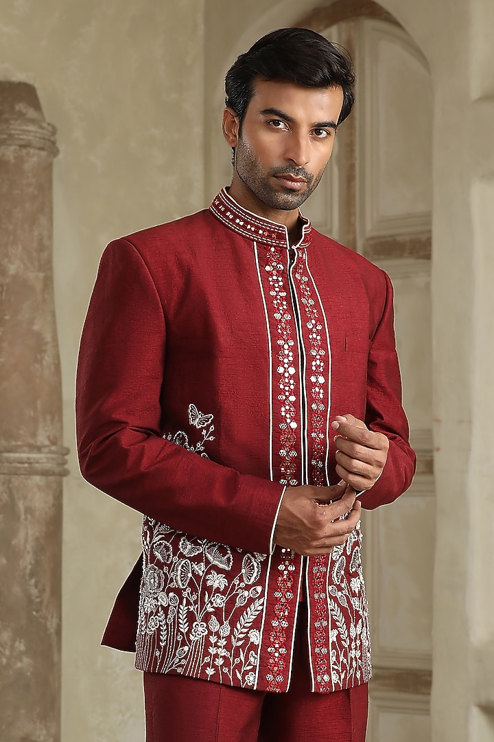 Maroon Silk Resham Embroidered Wedding Bandhgala Set by Kudrat Couture at Pernia's Pop Up Shop