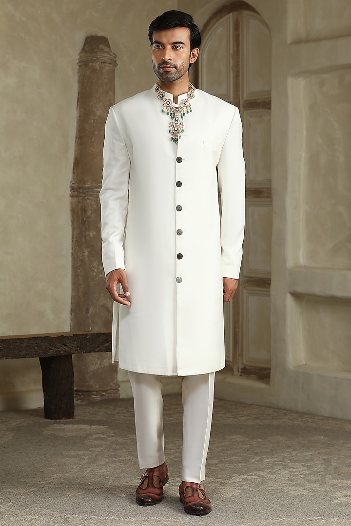 White Cotton Silk Blend Resham Embroidered Wedding Indowestern Set by Kudrat Couture at Pernia's Pop Up Shop