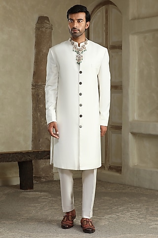 White Cotton Silk Blend Resham Embroidered Indowestern Set by Kudrat Couture