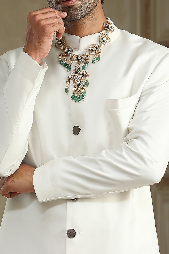 White Cotton Silk Blend Resham Embroidered Wedding Indowestern Set by Kudrat Couture at Pernia's Pop Up Shop