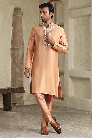 Gold Silk Hand Embroidered Kurta Set by Kudrat Couture