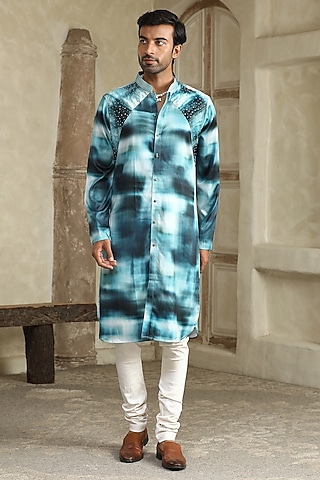 Blue Satin Silk Marble Printed & Embellished Kurta Set by Kudrat Couture