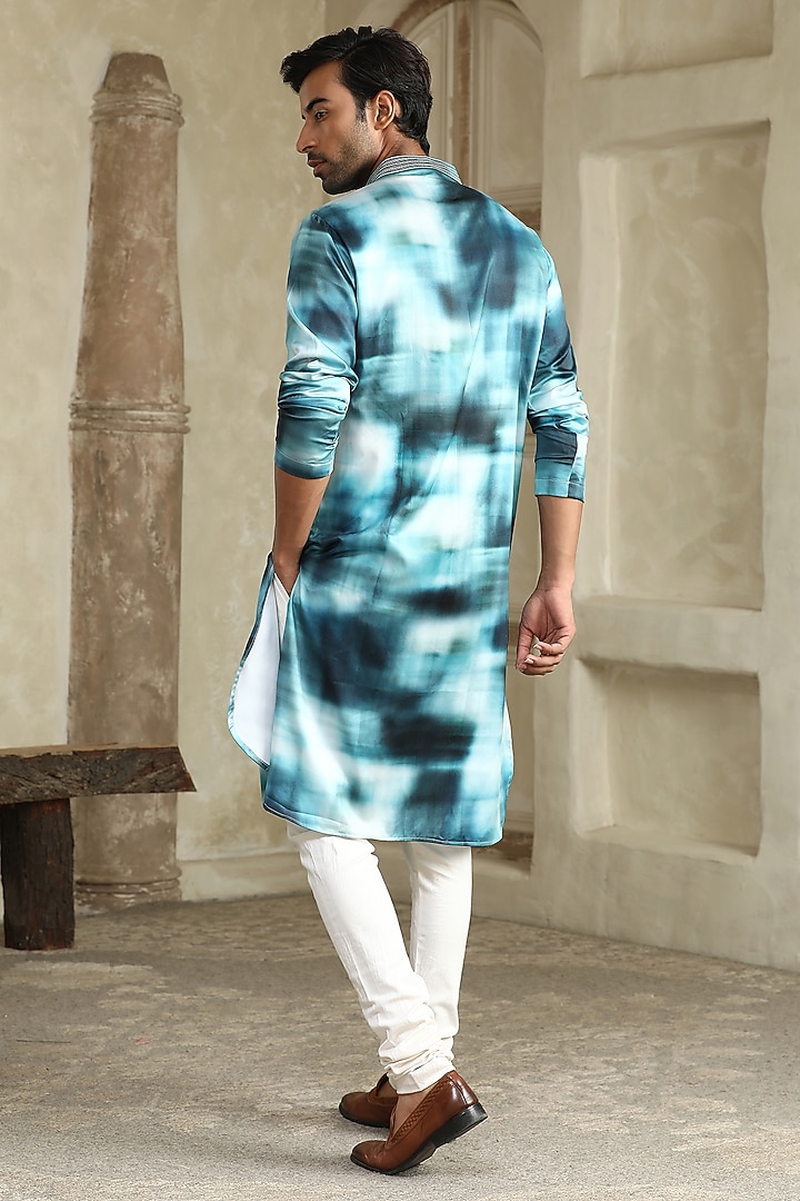 Blue Satin Silk Marble Printed & Embellished Kurta Set by Kudrat Couture at Pernia's Pop Up Shop