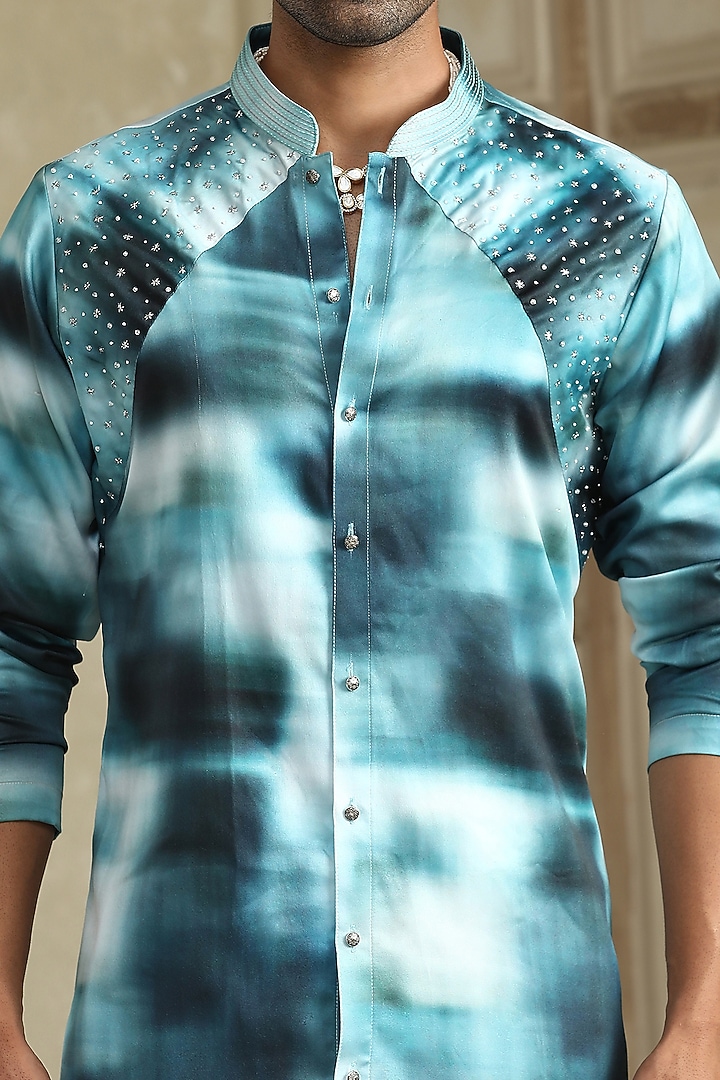 Blue Satin Silk Marble Printed & Embellished Kurta Set by Kudrat Couture at Pernia's Pop Up Shop