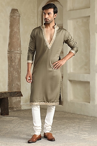 Mehendi Green Silk Embellished Kurta Set by Kudrat Couture