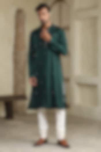 Dark Green Silk Hand Embroidered Kurta Set by Kudrat Couture at Pernia's Pop Up Shop