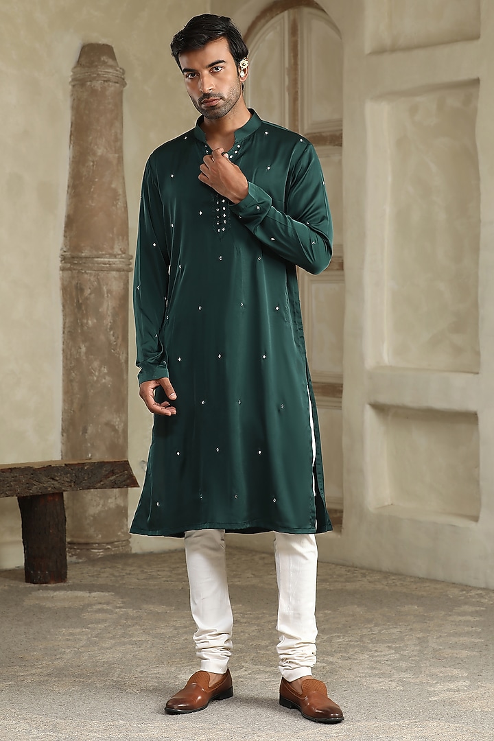 Dark Green Silk Hand Embroidered Kurta Set by Kudrat Couture at Pernia's Pop Up Shop