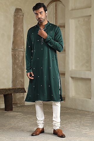 Dark Green Silk Hand Embroidered Kurta Set by Kudrat Couture