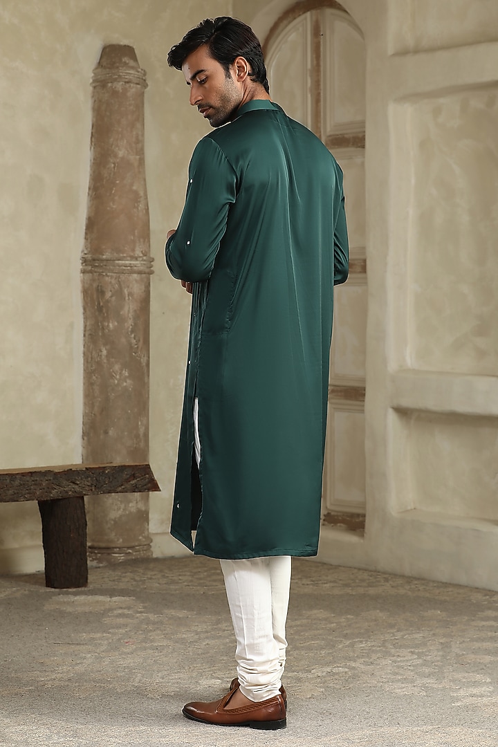 Dark Green Silk Hand Embroidered Kurta Set by Kudrat Couture at Pernia's Pop Up Shop