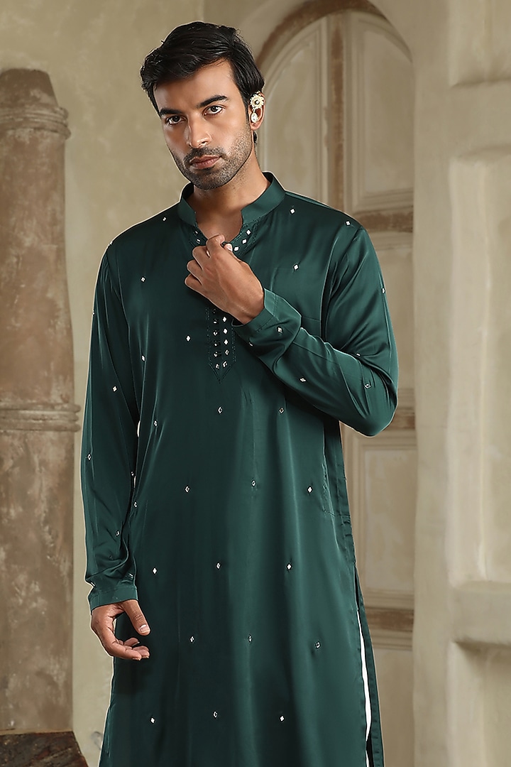 Dark Green Silk Hand Embroidered Kurta Set by Kudrat Couture at Pernia's Pop Up Shop