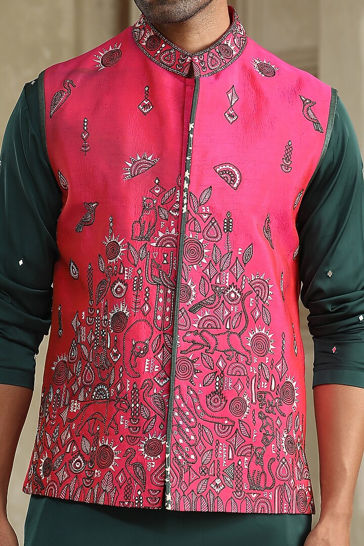 Pink Silk Mirror Embroidered Bundi Jacket Set by Kudrat Couture at Pernia's Pop Up Shop