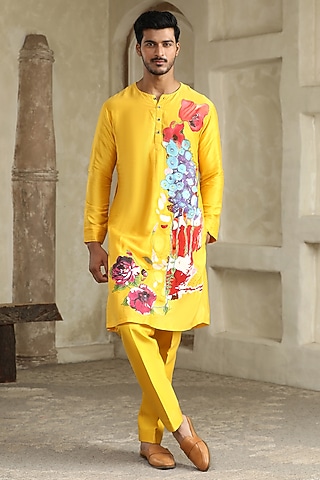 Yellow Chanderi Silk Handpainted Kurta Set by Kudrat Couture