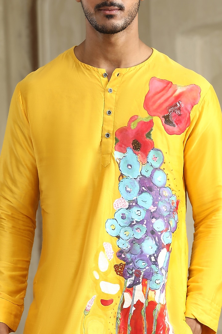 Yellow Chanderi Silk Handpainted Kurta Set by Kudrat Couture at Pernia's Pop Up Shop