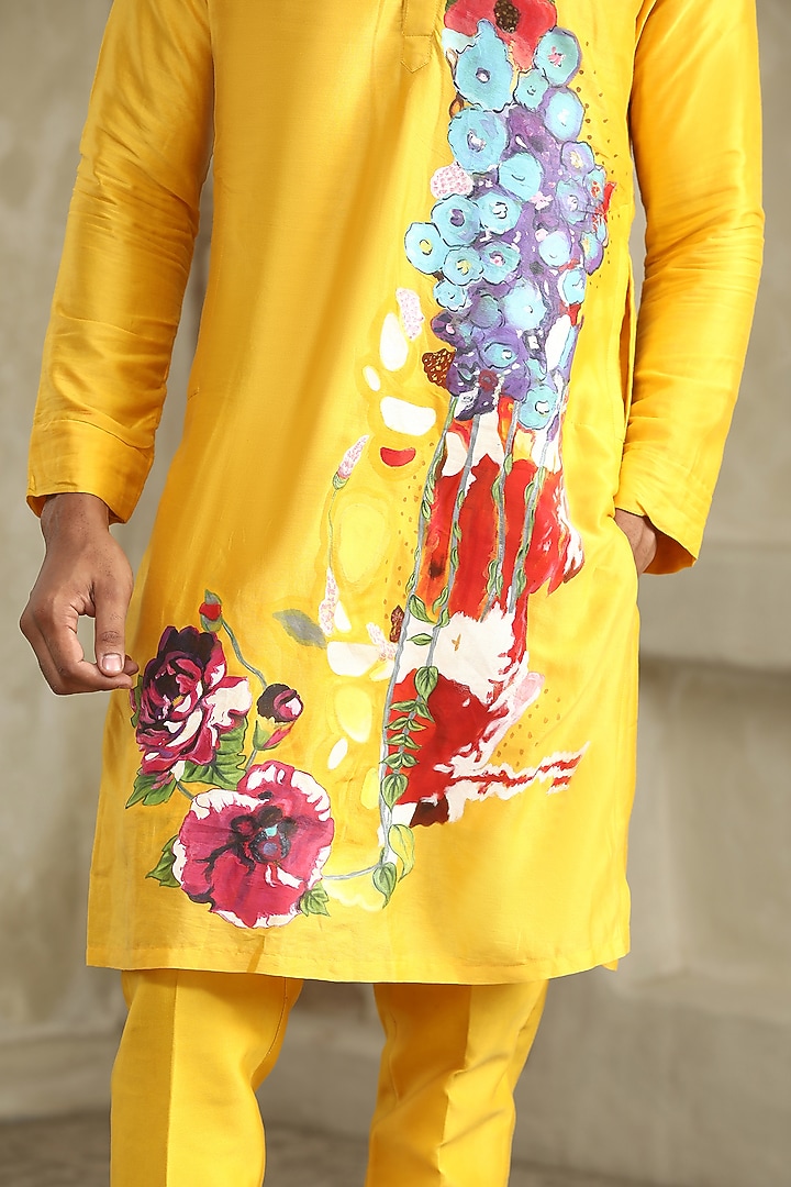 Yellow Chanderi Silk Handpainted Kurta Set by Kudrat Couture at Pernia's Pop Up Shop