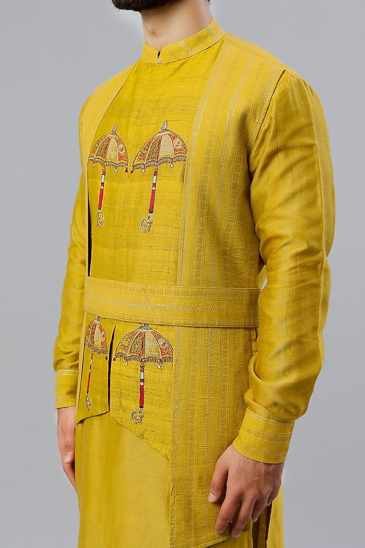 Mustard Hand Embroidered Layered Kurta Set by Kudrat Couture at Pernia's Pop Up Shop