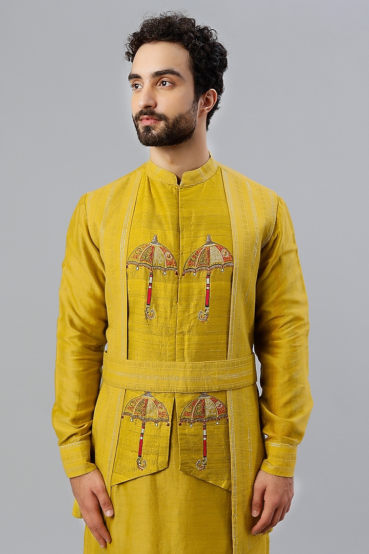 Mustard Hand Embroidered Layered Kurta Set by Kudrat Couture at Pernia's Pop Up Shop