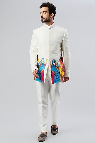 Off-White Hand Painted Bandhgala Jacket Set by Kudrat Couture
