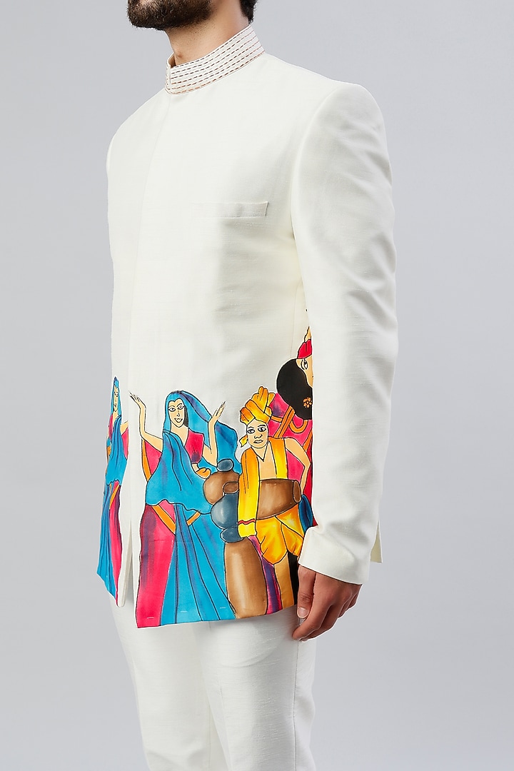 Off-White Hand Painted Wedding Bandhgala Jacket Set by Kudrat Couture at Pernia's Pop Up Shop