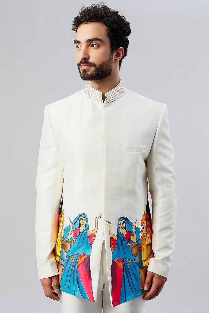 Off-White Hand Painted Wedding Bandhgala Jacket Set by Kudrat Couture at Pernia's Pop Up Shop