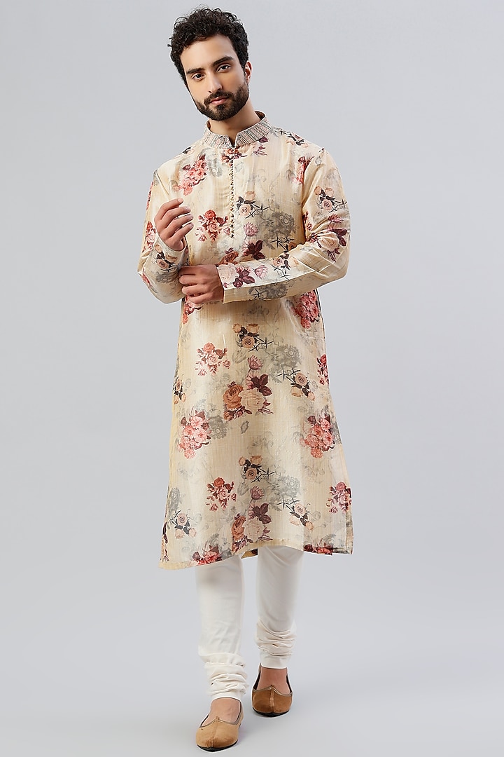 Beige Floral Printed & Embroidered Kurta by Kudrat Couture