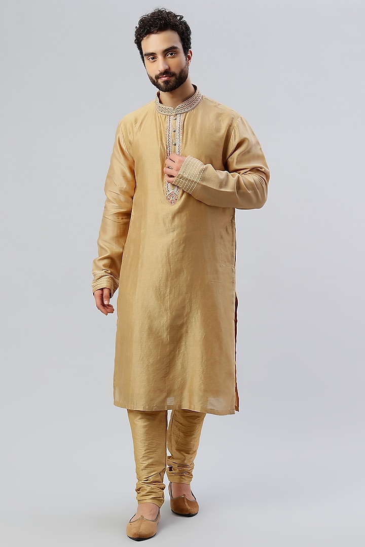 Gold Hand Embroidered Kurta Set by Kudrat Couture