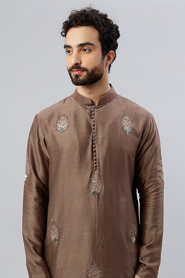 Brown Chanderi Silk Hand Embroidered Kurta Set by Kudrat Couture at Pernia's Pop Up Shop
