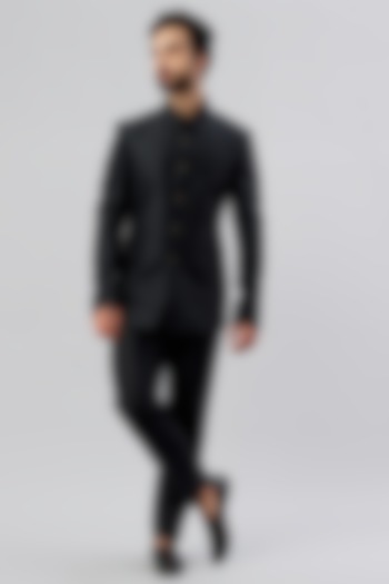 Black Raw Silk Bandhgala Jacket Set by Kudrat Couture