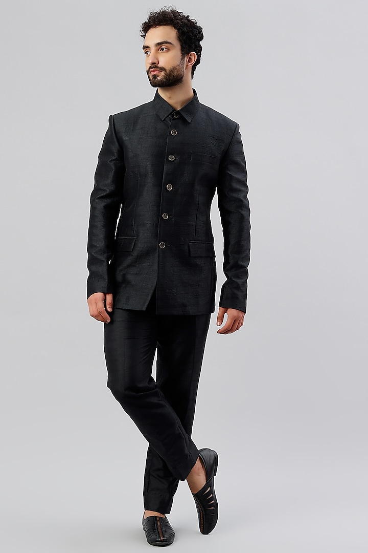 Black Raw Silk Bandhgala Jacket Set by Kudrat Couture