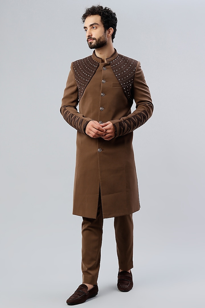 Brown Hand Embroidered Indo Western Jacket Set by Kudrat Couture