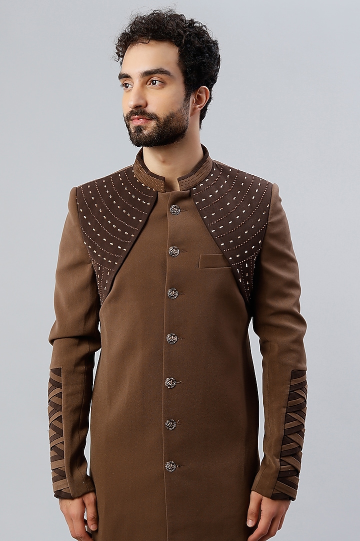 Brown Hand Embroidered Indo Western Jacket Set by Kudrat Couture at Pernia's Pop Up Shop