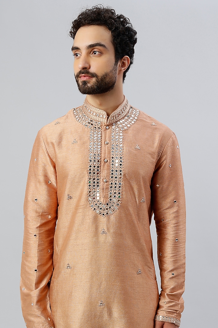 Beige Silk Hand Embroidered Kurta Set by Kudrat Couture at Pernia's Pop Up Shop