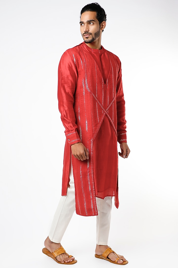 Red Chanderi Silk Kurta Set by Kudrat Couture at Pernia's Pop Up Shop