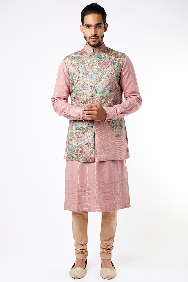 Blush Pink Kurta Set With Nehru Jacket by Kudrat Couture