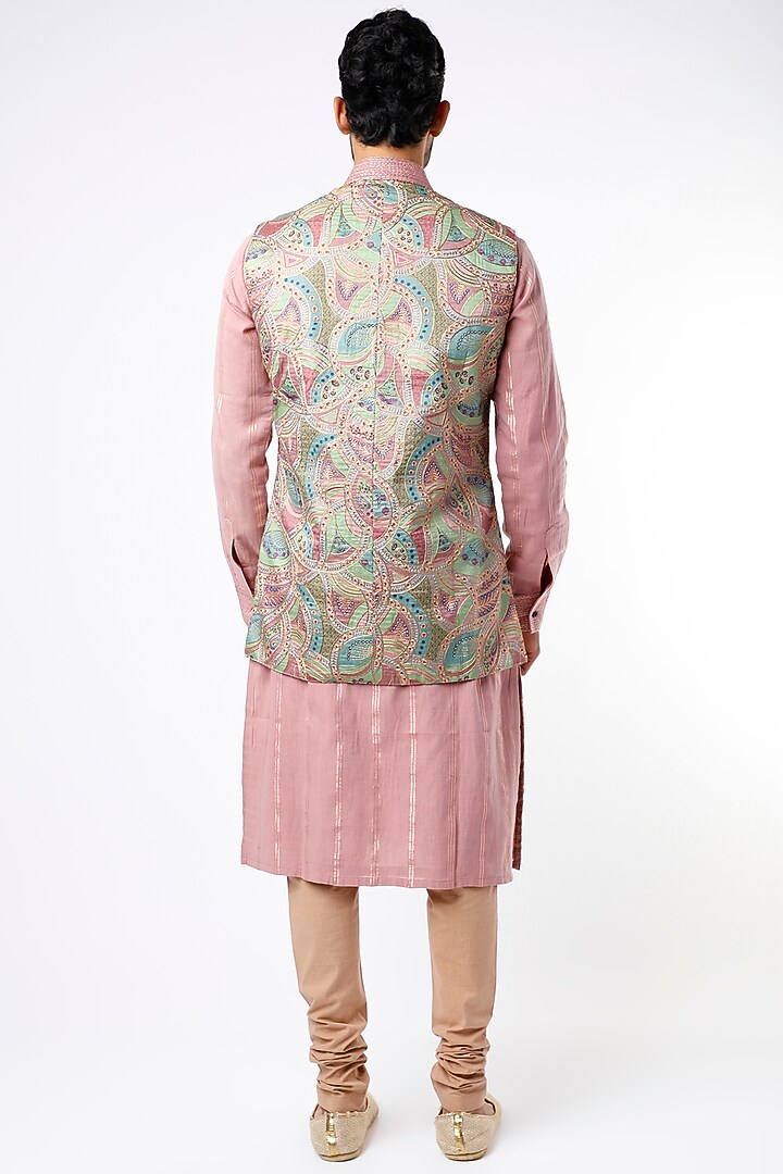 Blush Pink Kurta Set With Nehru Jacket by Kudrat Couture at Pernia's Pop Up Shop