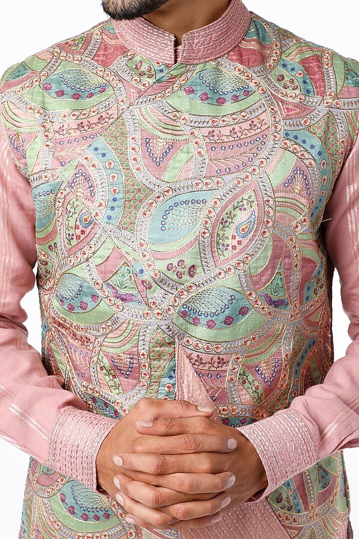 Blush Pink Kurta Set With Nehru Jacket by Kudrat Couture at Pernia's Pop Up Shop