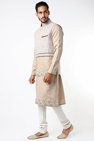 Khadi Kurta Set With Nehru Jacket by Kudrat Couture