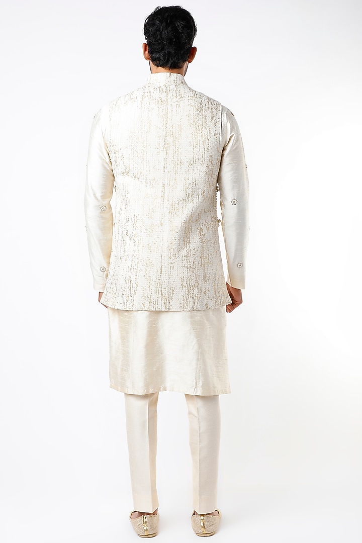 Beige Cotton & Silk Pintuck Nehru Jacket Set by Kudrat Couture at Pernia's Pop Up Shop
