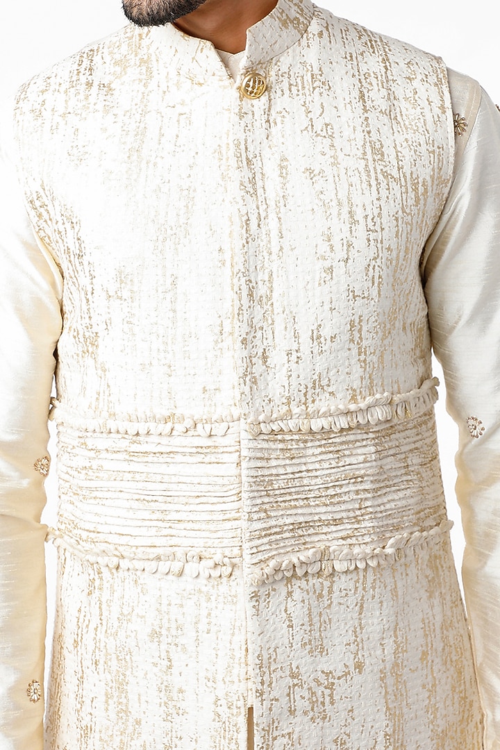Beige Cotton & Silk Pintuck Nehru Jacket Set by Kudrat Couture at Pernia's Pop Up Shop