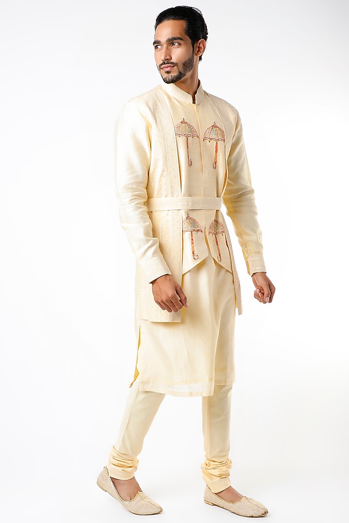Beige Hand Embroidered Layered Kurta Set by Kudrat Couture at Pernia's Pop Up Shop