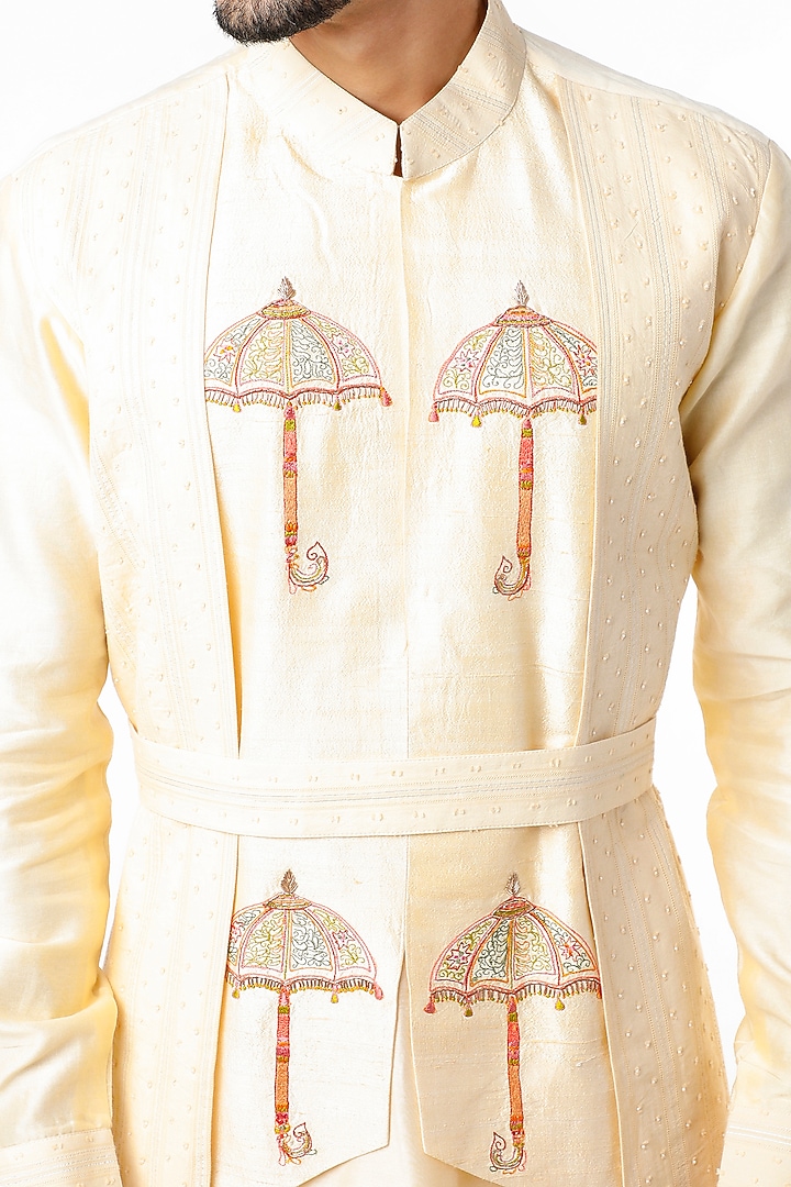 Beige Hand Embroidered Layered Kurta Set by Kudrat Couture at Pernia's Pop Up Shop